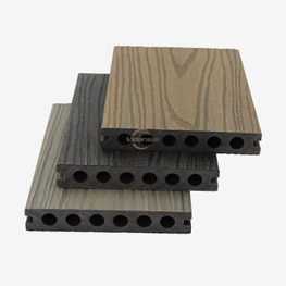 3D woodgrain prägling komposit WPC-däck Runt hål Dekorativ WPC-däck Teakfärg Co-extrudering WPC-golv för gångväg